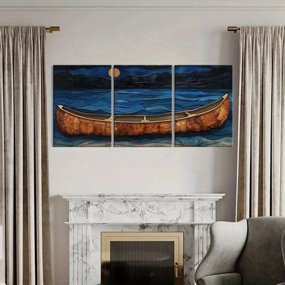 3pcs Vintage Moonlit Canoe & Ocean Waves Wall Art Set Canvas Framed 50x70cm - High Quality Print 100% Australian Made Wall Canvas Ready to Hang