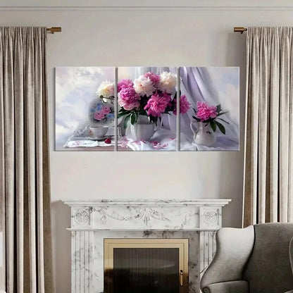 3pcs Vintage Art with Pink Peonies in Vase Wall Art Set Canvas Framed 40x60cm - High Quality Print 100% Australian Made Wall Canvas Ready to Hang - Bella Home Decor