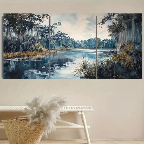 3pcs Serene Wetland Landscape with Palm Trees Wall Art Set Canvas Unframed - High Quality Print 100% Australian Made Wall Canvas - Bella Home Decor
