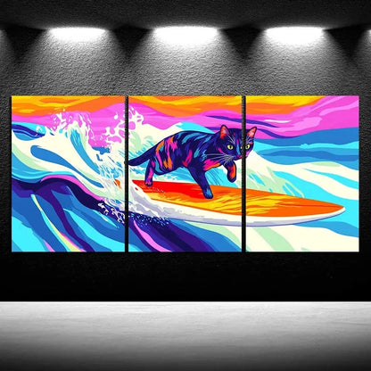 3pcs Multicolor Cat on Surfboard Cat Surfing Metal Print Ready to Hang Art - Bella Home Decor
