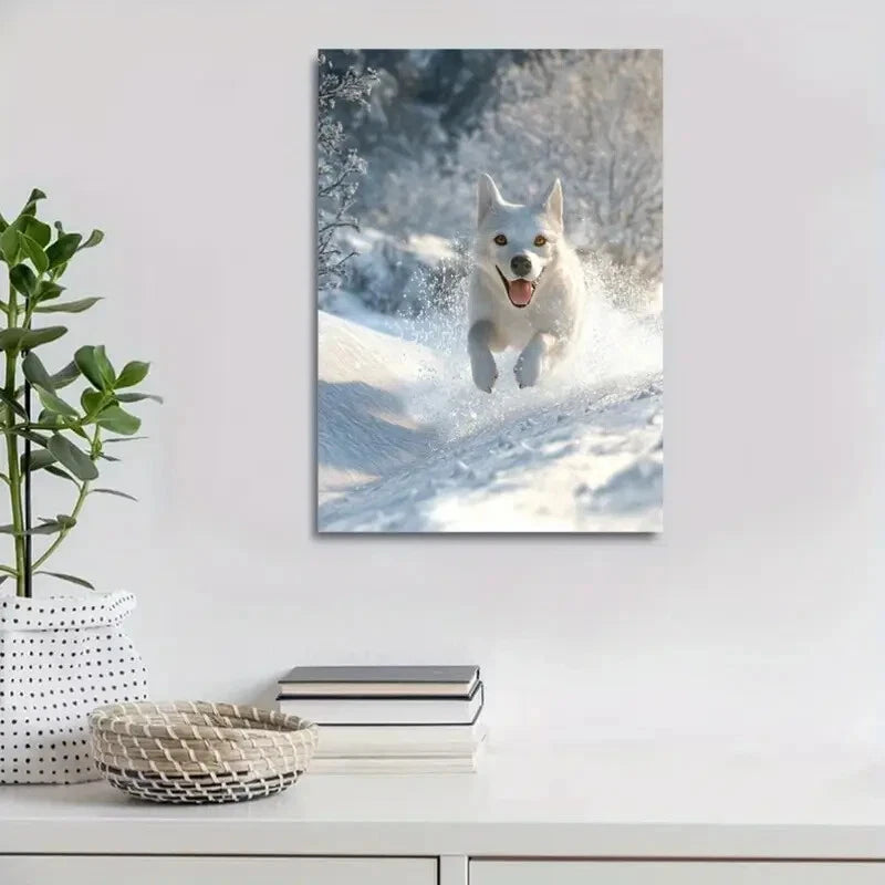Beautiful Contemporary Style Snowy Dog Painting 40x60cm Metal Print Ready to Hang - Bella Home Decor