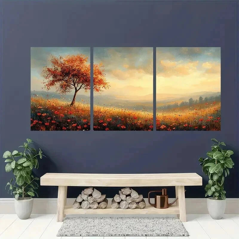 3pcs Landscape Painting with Trees Wildflowers Wall Art Set Canvas Framed 60x90cm - High Quality Print 100% Australian Made Wall Canvas Ready to Hang - Bella Home Decor