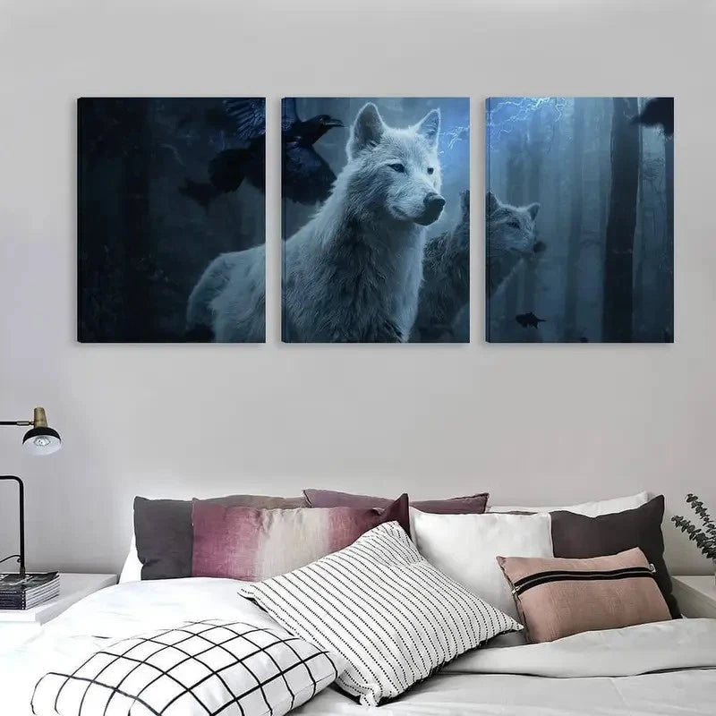 3pcs White Forest Scene with Howling Wolves   Wall Art Set Canvas Framed 50x70cm - High Quality Print 100% Australian Made Wall Canvas Ready to Hang - Bella Home Decor