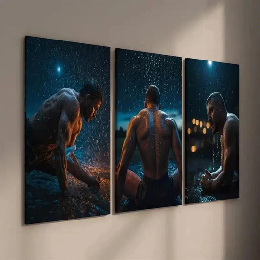 3pcs Gym & Home Rainy Night Athlete Training Wall Art Set Canvas Framed 40x60cm - High Quality Print 100% Australian Made Wall Canvas Ready to Hang