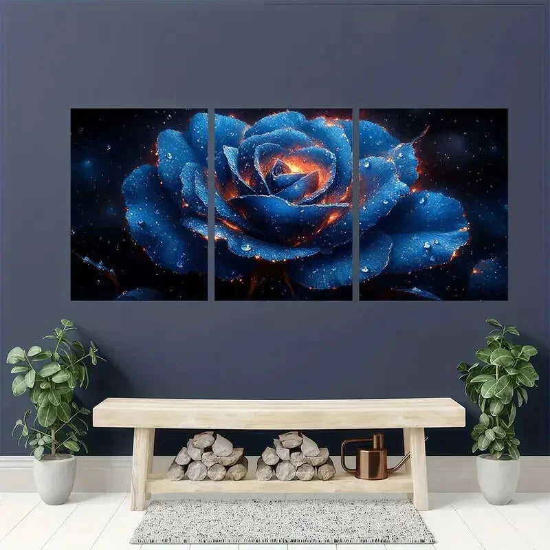 3pcs Blue Rose Fantasy Sparkling Floral Metal Print Ready to Hang Art - Bella Home Decor