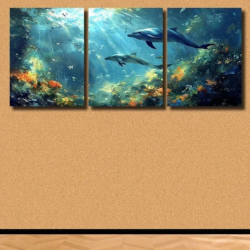 3pcs Vibrant Underwater Dolphin Ocean Scene Wall Art Canvas Unframed - High Quality Print 100% Australian Made Wall Canvas