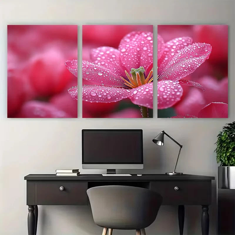 3pcs Vibrant Magenta Tulip Macro Water Droplets Wall Art Set Canvas Framed 50x70cm - High Quality Print 100% Australian Made Wall Canvas Ready to Hang