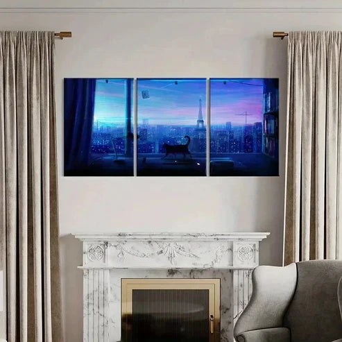 3pcs City Night Scene Tower & Cat Near Window Wall Art Canvas Unframed - High Quality Print 100% Australian Made Wall Canvas - Bella Home Decor