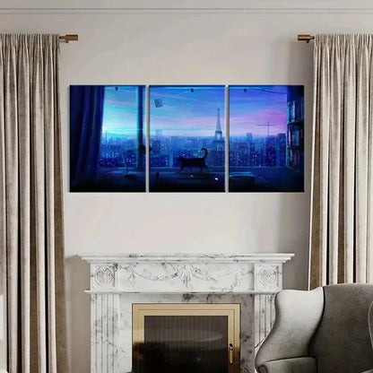 3pcs City Night Scene Tower & Cat Near Window Wall Art Canvas Unframed - High Quality Print 100% Australian Made Wall Canvas - Bella Home Decor