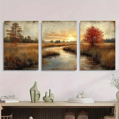 3pcs Impressionist Countryside Golds Nature Wall Art Set Canvas Framed 60x90cm - High Quality Print 100% Australian Made Wall Canvas Ready to Hang - Bella Home Decor