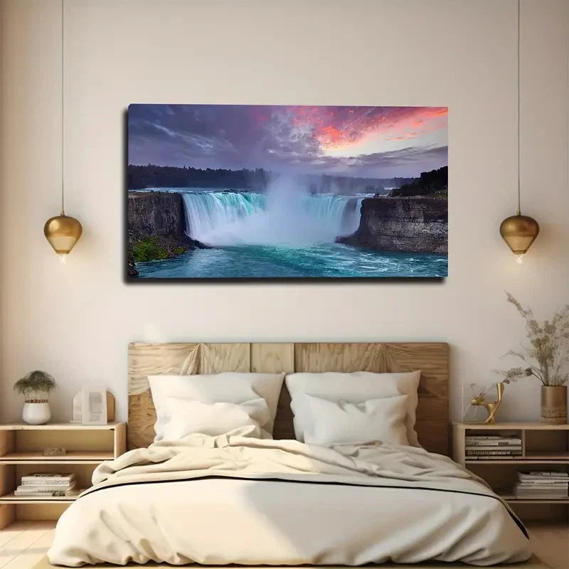 Bedroom with a large canvas print of a waterfall on the wall.