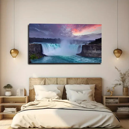 Bedroom with a large canvas print of a waterfall on the wall.