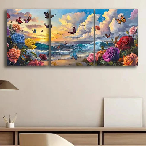 3pcs Vibrant Roses and Butterflies Beach Perfect Wall Art Set Canvas Unframed - High Quality Print 100% Australian Made Wall Canvas