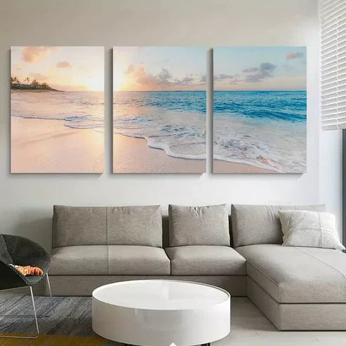 3pcs Elegant Nordic Sea & Waves at Sunrise Wall Art Canvas Unframed - High Quality Print 100% Australian Made Wall Canvas
