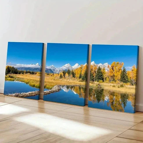3pcs Autumn Mountain Lake Forest Modern Wall Art Canvas Unframed - High Quality Print 100% Australian Made Wall Canvas - Bella Home Decor