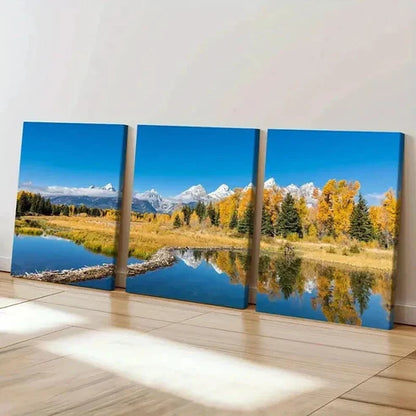 3pcs Autumn Mountain Lake Forest Modern Wall Art Canvas Unframed - High Quality Print 100% Australian Made Wall Canvas - Bella Home Decor