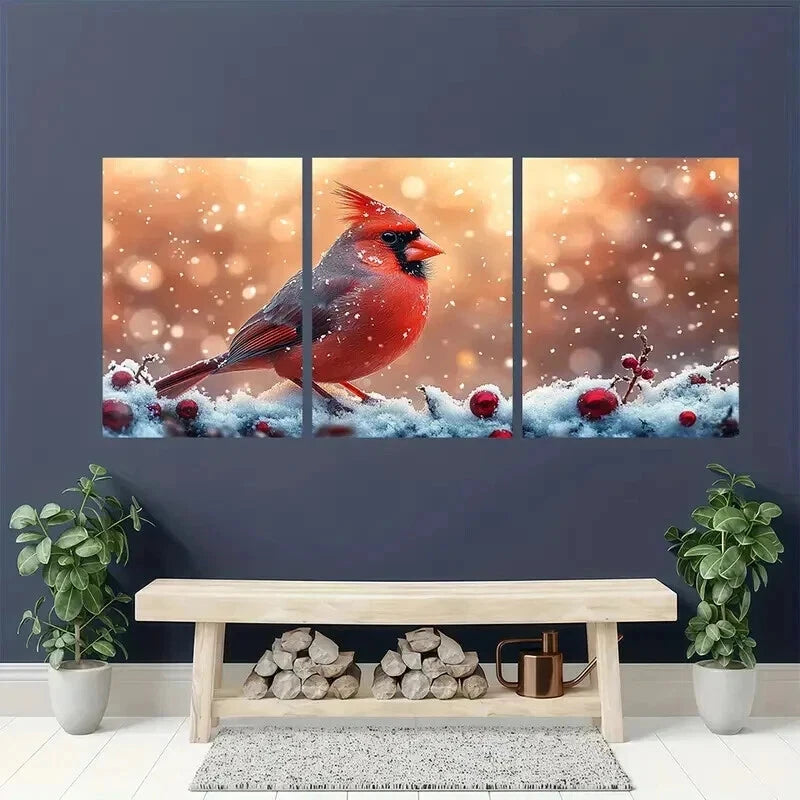 3pcs Vibrant Cardinal in Snowflakes & Berries Wall Art Set Canvas Framed 40x60cm - High Quality Print 100% Australian Made Wall Canvas Ready to Hang - Bella Home Decor