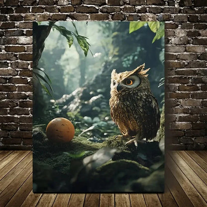 Enchanting Owl And Ball Jungle Scene Painting 40x60cm Metal Print Ready to Hang - Bella Home Decor
