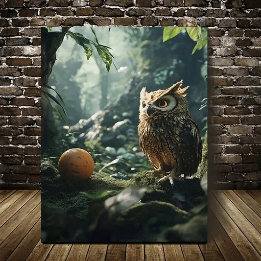 Enchanting Owl And Ball Jungle Scene Painting 40x60cm Metal Print Ready to Hang - Bella Home Decor