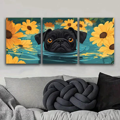 3 PCS Cute Pug Swimming In Water Nature Wall Art Set Canvas Unframed - High Quality Print 100% Australian Made Wall Canvas - Bella Home Decor