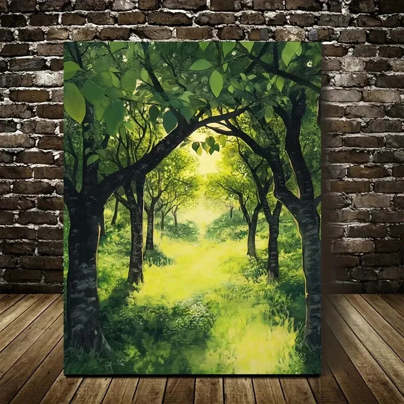 Lush Peach Tree Forest Vibrant Green Painting 40x60cm Metal Print Ready to Hang - Bella Home Decor