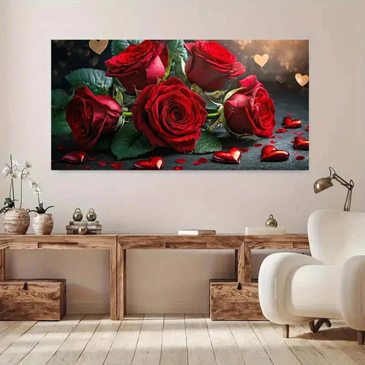 Romantic Red Roses Glossy Heart Wall Art Canvas Office Home Room Framed 120x60cm