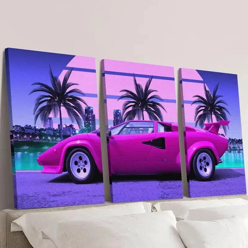 3pcs Vibrant Pink Sports Car Trees & Cityscape Wall Art Set Canvas Framed 50x70cm - High Quality Print 100% Australian Made Wall Canvas Ready to Hang