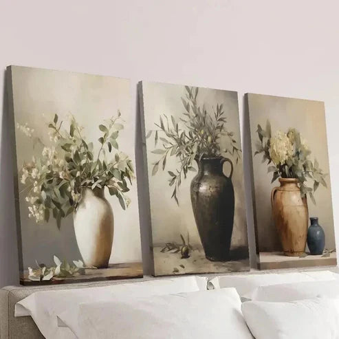3pcs Painting of Vases and Branches Wall Art Set Canvas Unframed - High Quality Print 100% Australian Made Wall Canvas