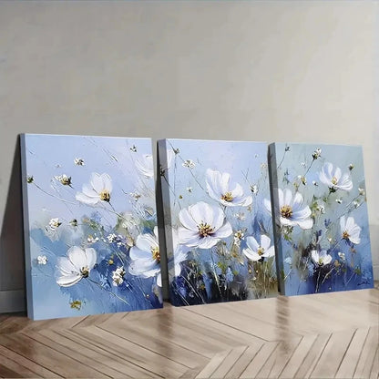 3pcs Soft White Flowers In Blue Wall Art Set Canvas Framed 40x60cm - High Quality Print 100% Australian Made Wall Canvas Ready to Hang