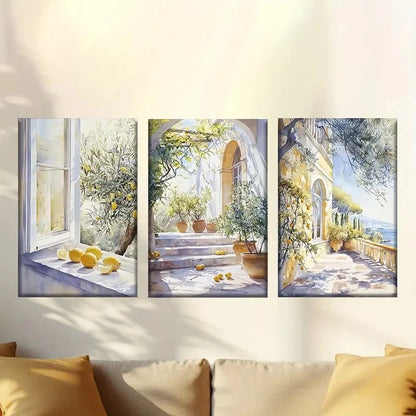 3pcs French Villa Courtyard with Lemon Wall Art Set Canvas Framed 60x90cm - High Quality Print 100% Australian Made Wall Canvas Ready to Hang - Bella Home Decor