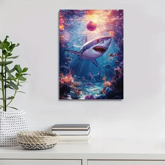 Vibrant Shark with Ball Underwater Scene Painting  40x60cm Metal Print Ready to Hang - Bella Home Decor