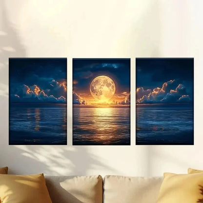 3pcs a full moon over the ocean with clouds Wall Art Set Canvas Framed 40x60cm - High Quality Print 100% Australian Made Wall Canvas Ready to Hang - Bella Home Decor