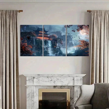 3pcs Waterfall & Traditional Architecture Metal Print Ready to Hang Art - Bella Home Decor