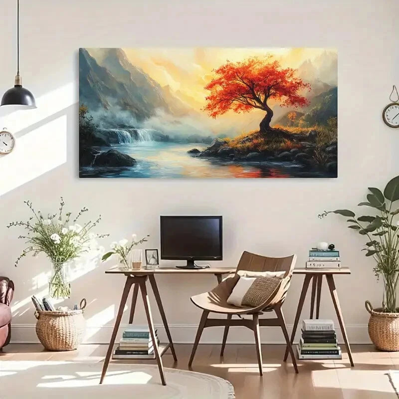 Autumn Mountain Landscape River Wall Art Canvas Office Home Room Framed 120x60cm - Bella Home Decor