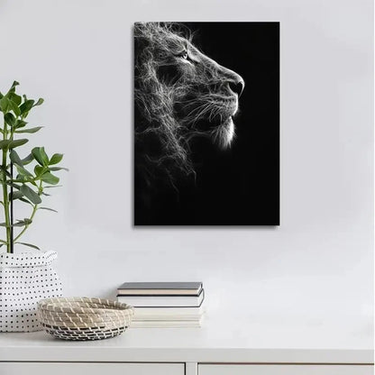 Striking Black & White Lion Portrait Painting  40x60cm Metal Print Ready to Hang - Bella Home Decor
