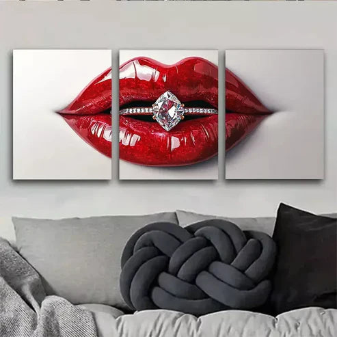 3pcs Glamorous Modern Red Lips with Diamond Rings Wall Art Canvas Unframed - High Quality Print 100% Australian Made Wall Canvas - Bella Home Decor