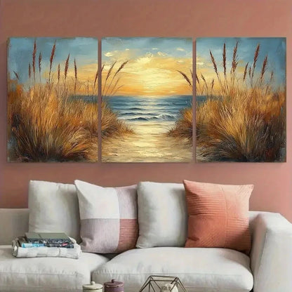 3pcs Golden Seascape Coastal Calming Perfect Wall Art Set Canvas Framed 60x90cm - High Quality Print 100% Australian Made Wall Canvas Ready to Hang - Bella Home Decor