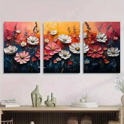 3pcs Pink Meadow & Wildflower Textured Perfect Wall Art Set Canvas Framed 60x90cm - High Quality Print 100% Australian Made Wall Canvas Ready to Hang - Bella Home Decor