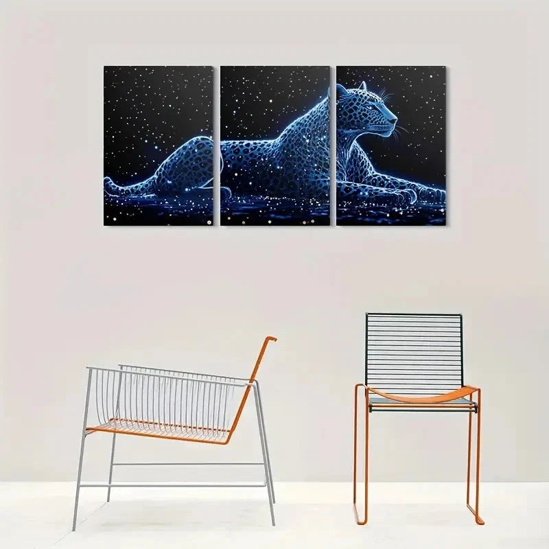 3pcs Blue Glowing Leopard Abstract Animal Metal Print Ready to Hang Art - Bella Home Decor