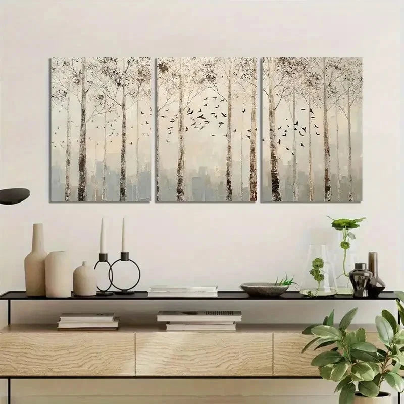 3pcs Birch Trees with Birds Flying in Mist Metal Print Ready to Hang Art - Bella Home Decor