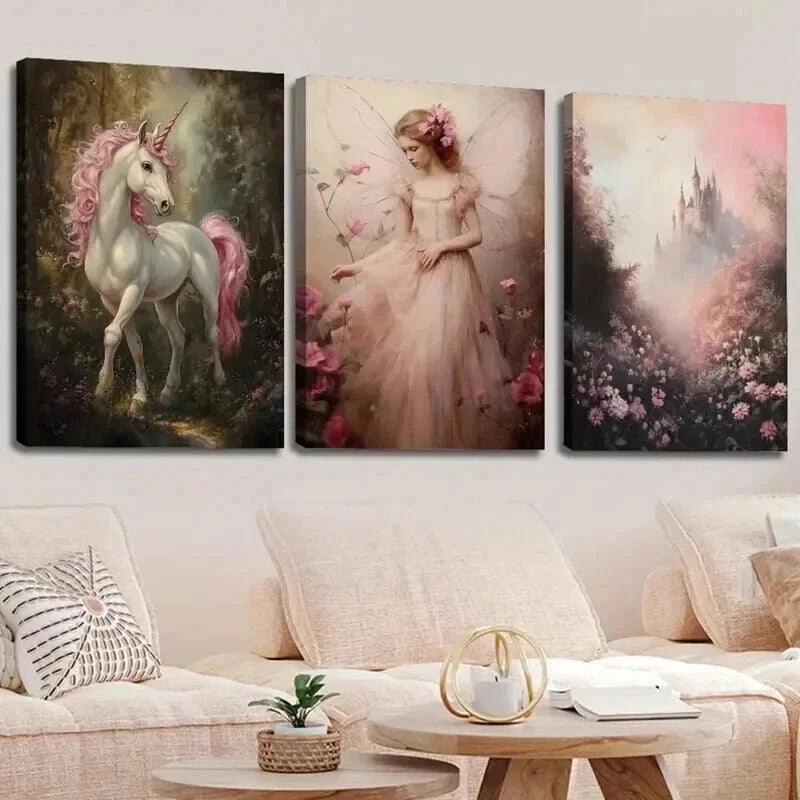 3pcs Enchanted Forest Unicorn & Fairy Perfect Wall Art Set Canvas Framed 60x90cm - High Quality Print 100% Australian Made Wall Canvas Ready to Hang - Bella Home Decor