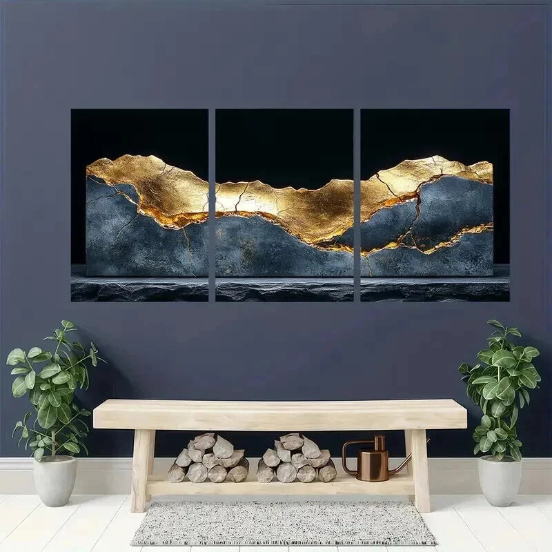 3pcs Cracked Golden Metallic Sheen on Black Wall Art Set Canvas Framed 60x90cm - High Quality Print 100% Australian Made Wall Canvas Ready to Hang - Bella Home Decor
