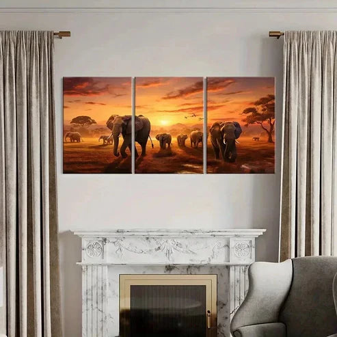 3pcs African Elephant in a Grassland During Sun Wall Art Canvas Unframed - High Quality Print 100% Australian Made Wall Canvas - Bella Home Decor