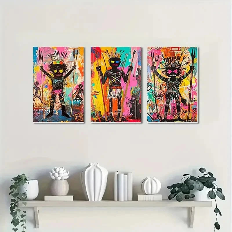 3pcs  Vintage-Inspired Basquiat  Wall Art Set Canvas Framed 40x60cm - High Quality Print 100% Australian Made Wall Canvas Ready to Hang - Bella Home Decor