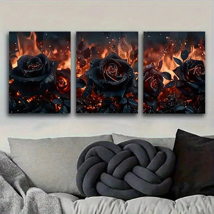 3pcs Enchanted Dark Roses Wall Art Set Canvas Framed 50x70cm - High Quality Print 100% Australian Made Wall Canvas Ready to Hang