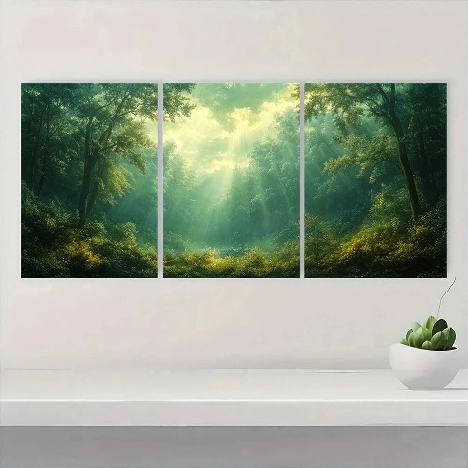3pcs Emerald Green Forest Sunlit Trees & Misty Metal Print Ready to Hang Art - Bella Home Decor