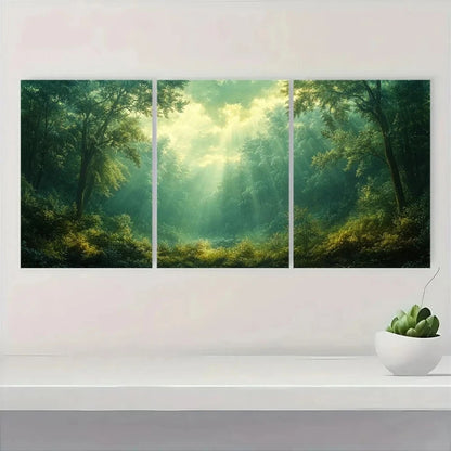 3pcs Emerald Green Forest Sunlit Trees & Misty Metal Print Ready to Hang Art - Bella Home Decor