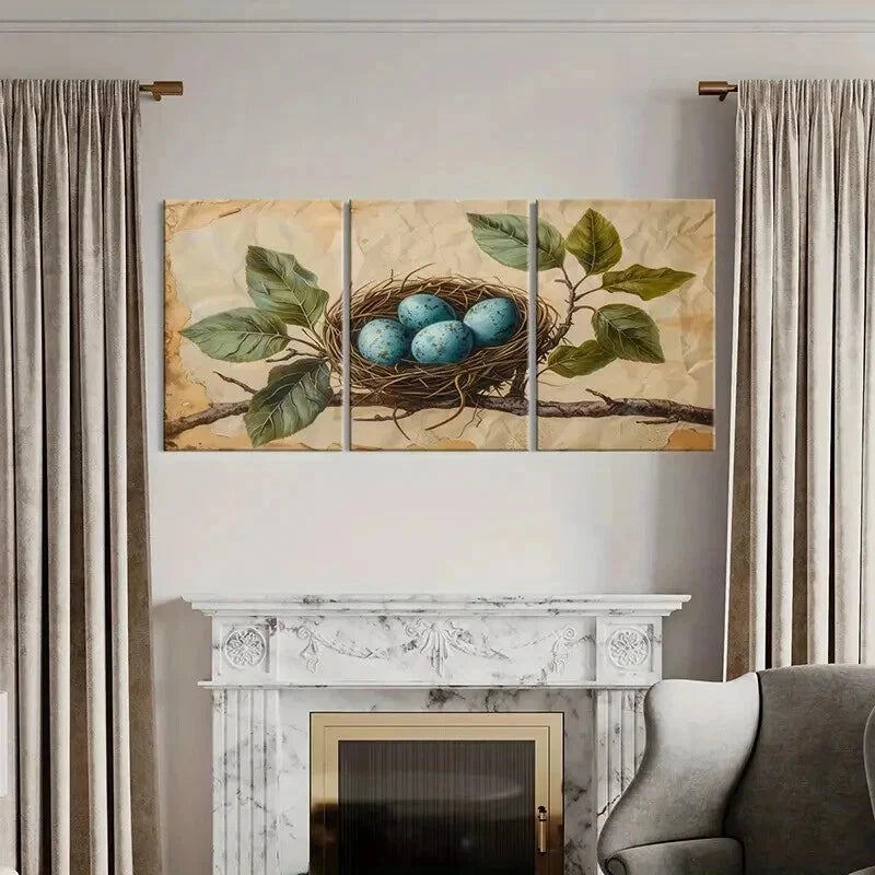 3pcs Bird's Nest Blue Eggs Green Leaves Wall Art Set Canvas Framed 50x70cm - High Quality Print 100% Australian Made Wall Canvas Ready to Hang - Bella Home Decor