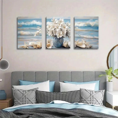 3pcs White Flowers in Blue Vase with Seashells Wall Art Set Canvas Framed 60x90cm - High Quality Print 100% Australian Made Wall Canvas Ready to Hang - Bella Home Decor
