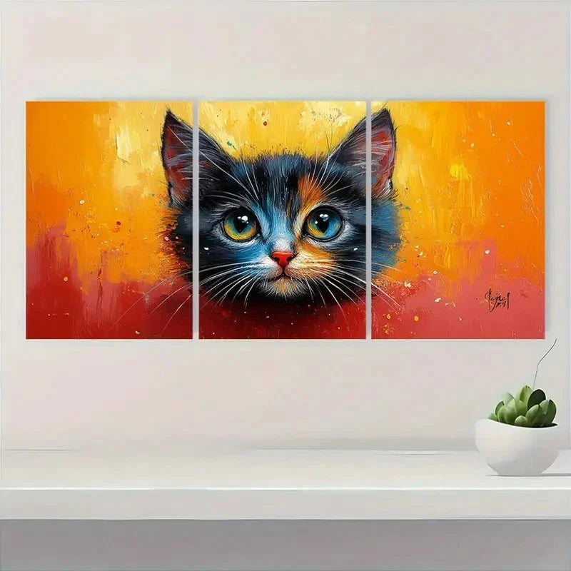3pcs Gorgeous Abstract Blue and Orange Kitten Metal Print Ready to Hang Art - Bella Home Decor